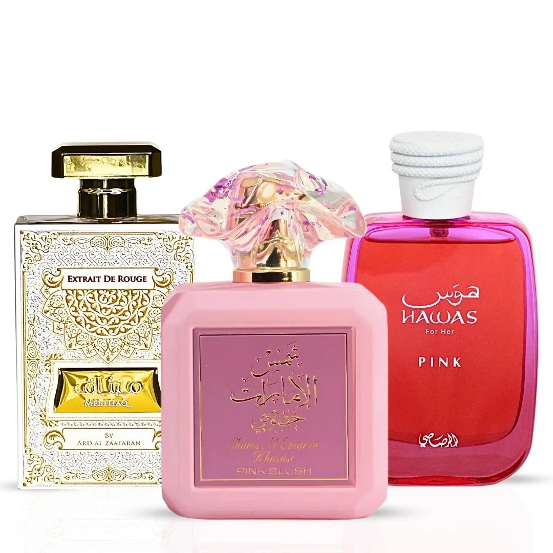 Pink Blush & Meethaq Extrait De Rouge by Ard Al Zaafaran & Hawas Pink by Rasasi - Eau de Parfum Sprays 100ml (Marshmallow Bundle)