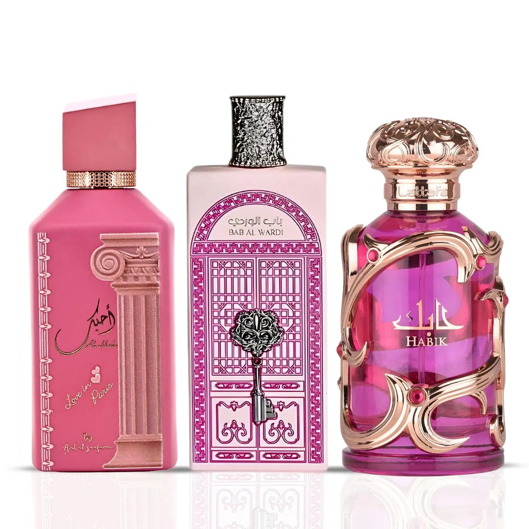 Ahubbak Love in Paris & Bab al Wardi by Ard Al Zaafaran & Habik Women by Lattafa - Eau de Parfum Sprays 100ml (3.4 oz) (Mary's Pink Bundle)