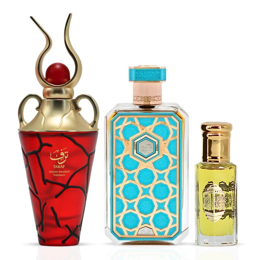 Niche Emarati Taraf 100ml (3.4 oz) by Lattafa & Arabian Prive Saada 70ml (2.3 oz) by Rasasi - Eau de Parfum and Madawi Perfume Oil 12ml (0.4 oz) by Intense Oud (Mary’s Old Fashioned Bundle)