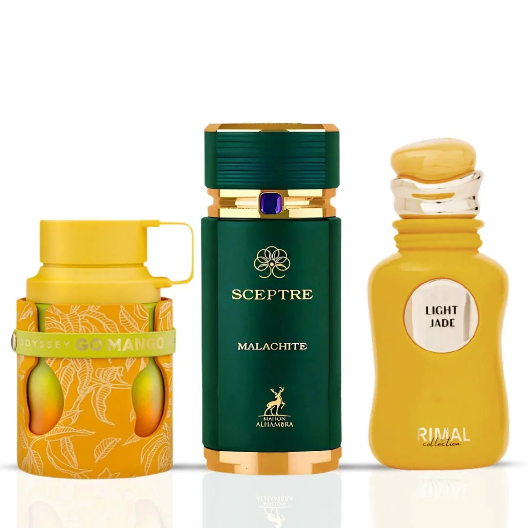Odyssey Go Mango by Armaf, Sceptre Malachite by Maison Alhambra & Light Jade by Rimal - Eau de Parfum Sprays 100ml (3.4 oz) (Mary's Mango Bundle)