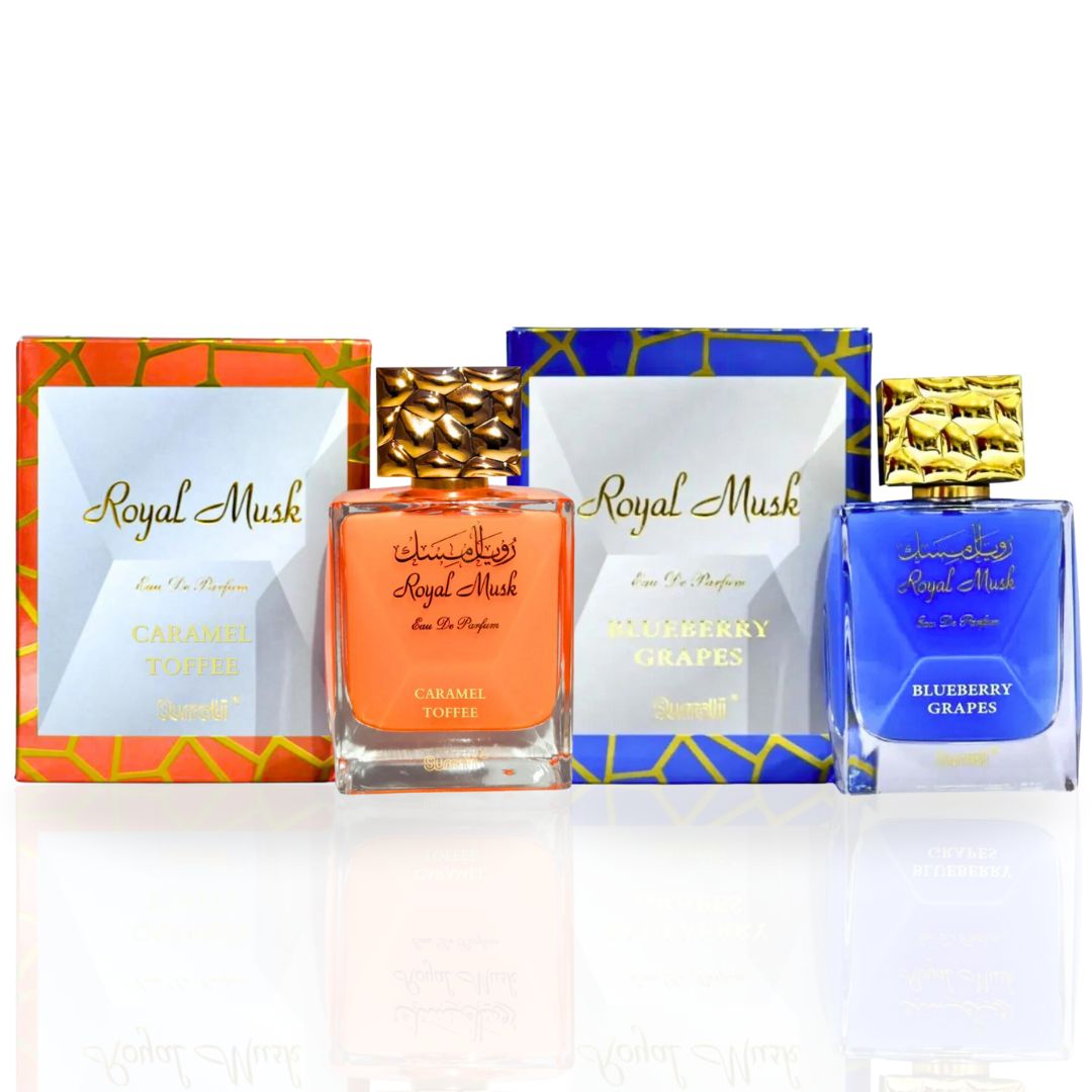 Royal Musk Caramel Toffee & Royal Musk Blueberry Grapes - EDP Sprays 100ML (3.4 OZ) By SURRATI (BUNDLE)