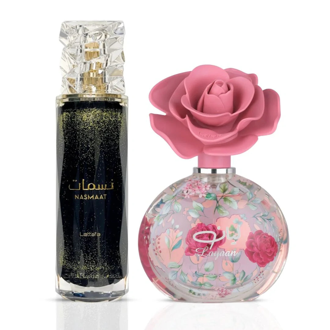 Nasmaat 100ml (3.4 oz) & Layaan 75ml (2.5 oz) Eau de Parfum Sprays by Lattafa (Bundle)
