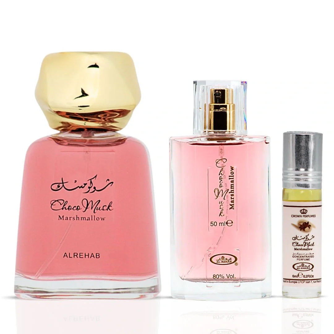 Choco Musk Marshmallow Eau de Parfum Sprays 100ml, 50ml & Perfume Oil CPO 6ml by Al Rehab (Bundle)