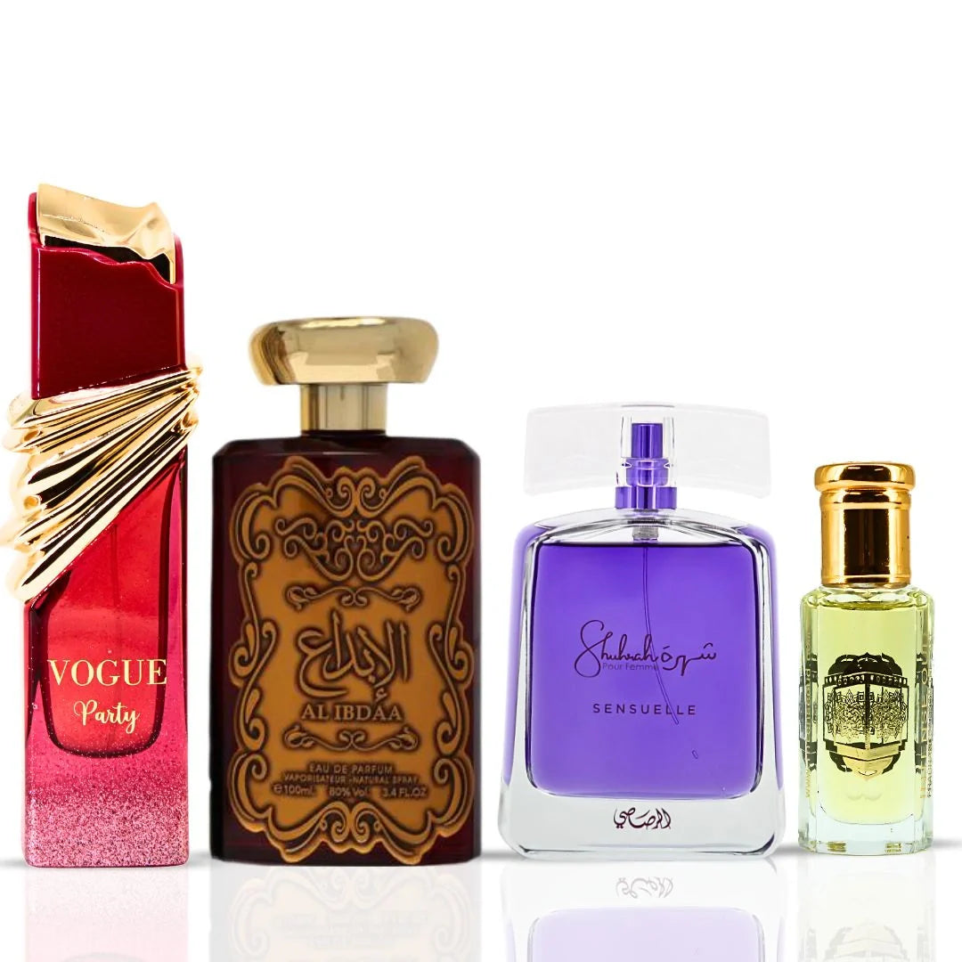 Vogue Party 100ml (3.4 oz) by Maison Alhambra, Al Ibdaa Gold 100ml (3.4 oz) by Ard Al Zaafaran & Shuhrah Sensuelle 90ml (3 oz) by Rasasi - Eau de Parfum Sprays & Rouje Perfume Oil 12ml (0.4 oz) by Intense Oud (Rocco’s Date Bundle)