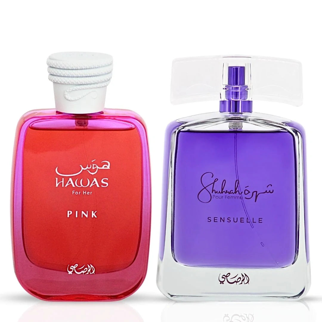 Hawas Pink 100ml & Shuhrah Sensuelle 90ml - Eau de Parfum Sprays by Rasasi (Bundle)