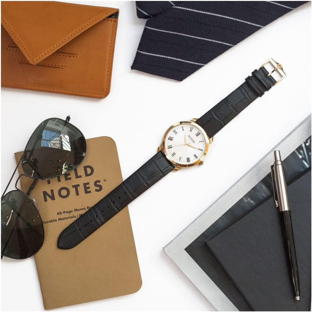 Men'S Classic 3-Hand Quartz Black Leather Strap Watch, Roman Numeral Markers, 41Mm Bulova