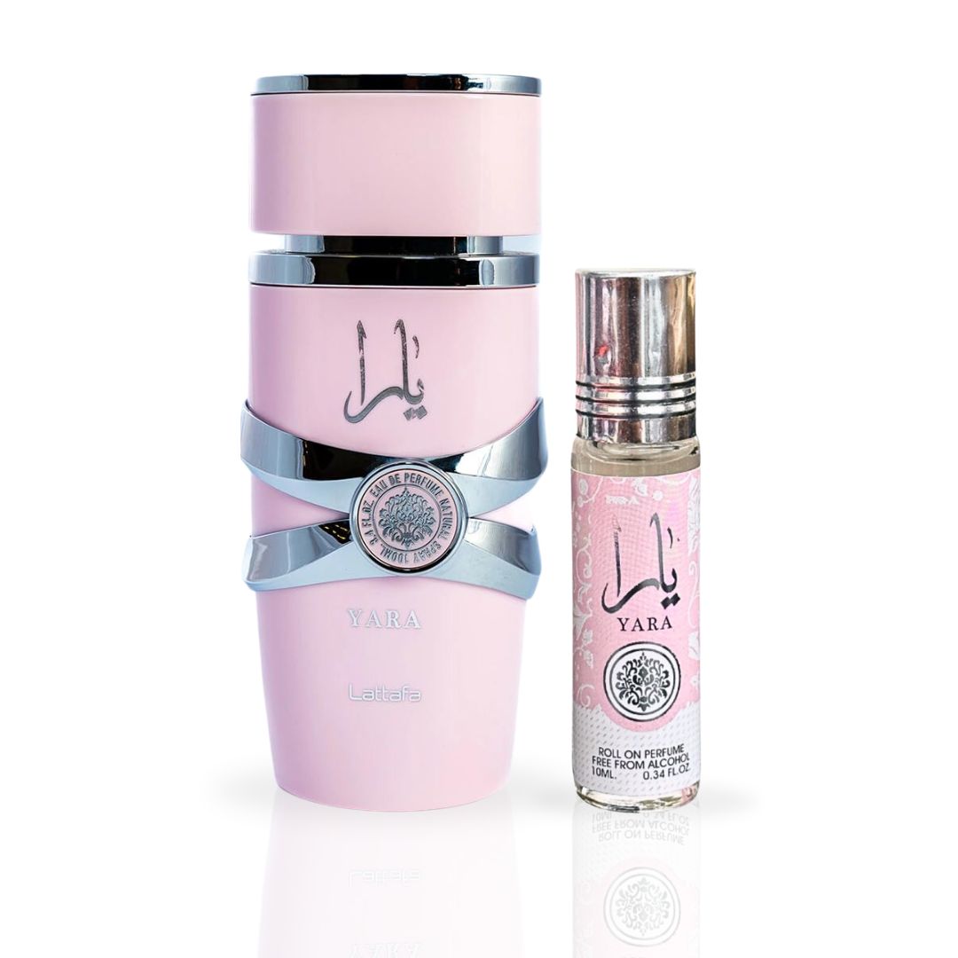 Yara Eau de Parfum Spray 100ml (3.4 oz) by Lattafa & Yara Roll-On Perfume Oil CPO 10ml (0.34 oz) by Ard Al Zaafaran (Bundle)