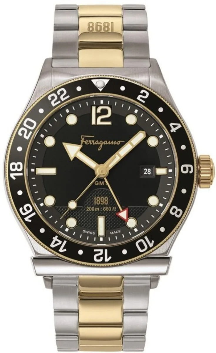 Salvatore Ferragamo 1898 Sport Black GMT Dial Two Tone Reloj de hombre