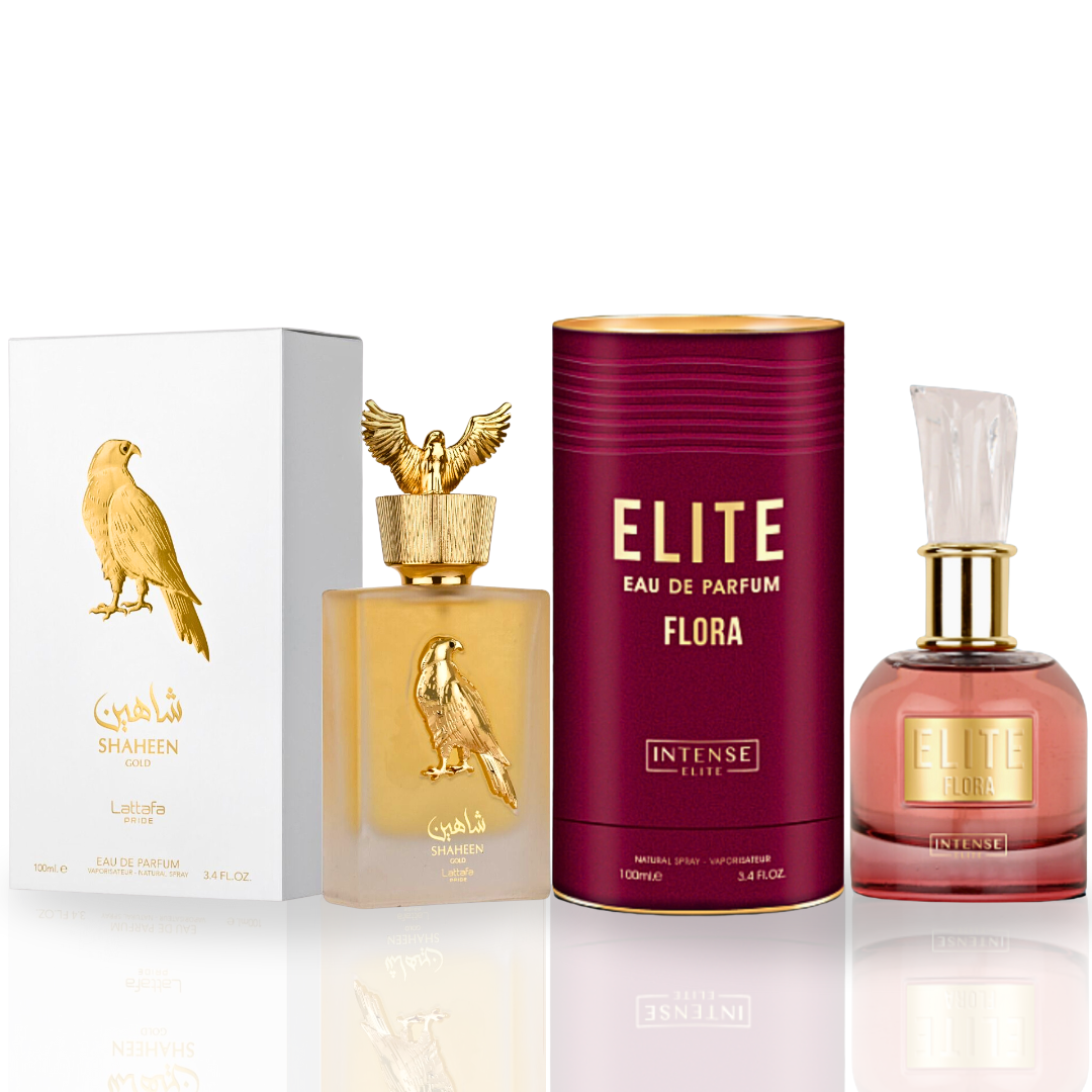 Elite Flora EDP 100ML (3.4 OZ) by Intense Elite & Shaheen Gold EDP 100ML (3.4 OZ) by Lattafa Pride. (BUNDLE)
