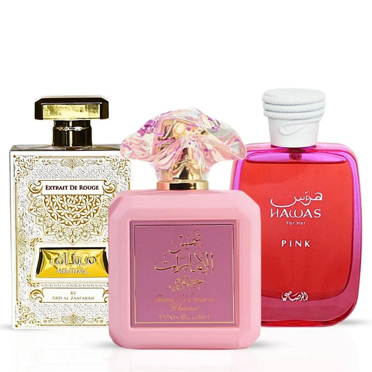 Pink Blush & Meethaq Extrait De Rouge by Ard Al Zaafaran & Hawas Pink by Rasasi - Eau de Parfum Sprays 100ml (Marshmallow Bundle)