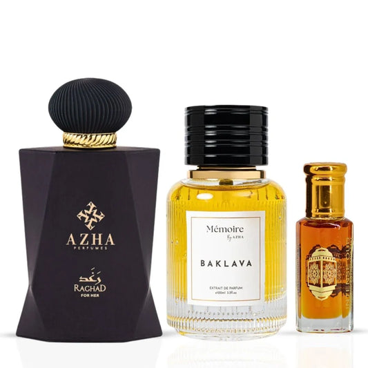 Raghad Eau de Parfum Spray & Baklava Extrait de Parfum Spray 100ml by Azha & Nouf Loose Oil 12ml by Intense Oud (Fall Bundle)