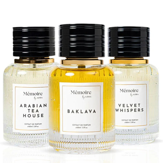 Baklava, Arabian Tea House & Velvet Whispers Extrait de Parfum Sprays 100ml - Memoire Collection by Azha (Bundle)