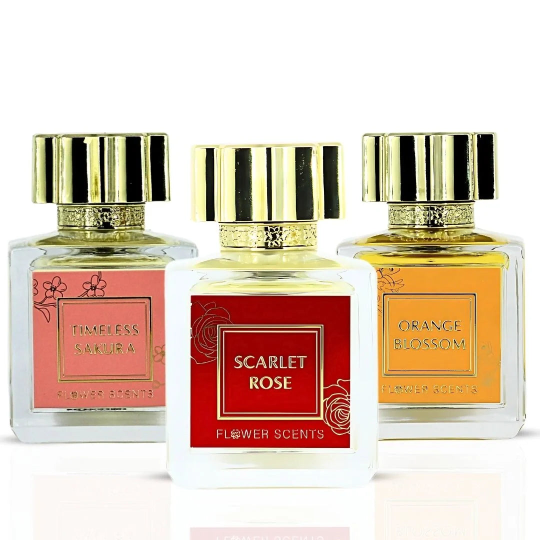 Orange Blossom, Timeless Sakura & Scarlet Rose Eau de Parfum Sprays 65ml (2.2 oz) by Flower Scents (Bundle)