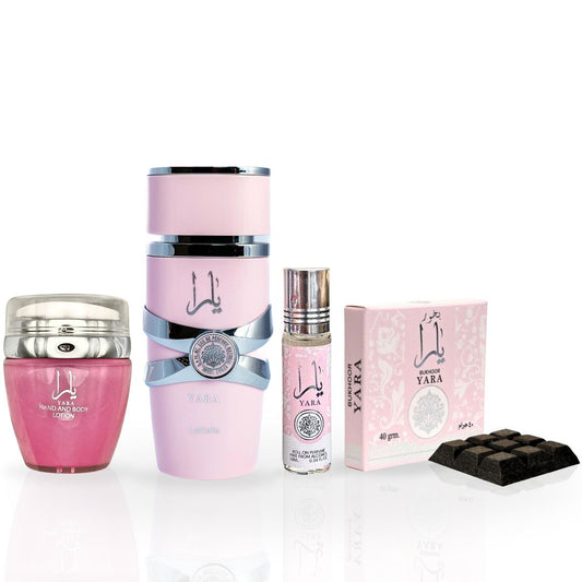 Yara Eau De Parfum Spray 100ml, Hand & Body Lotion 45ml, Roll-on Perfume Oil 10ml & Bakhoor 40gm by Lattafa (Yara Collection)