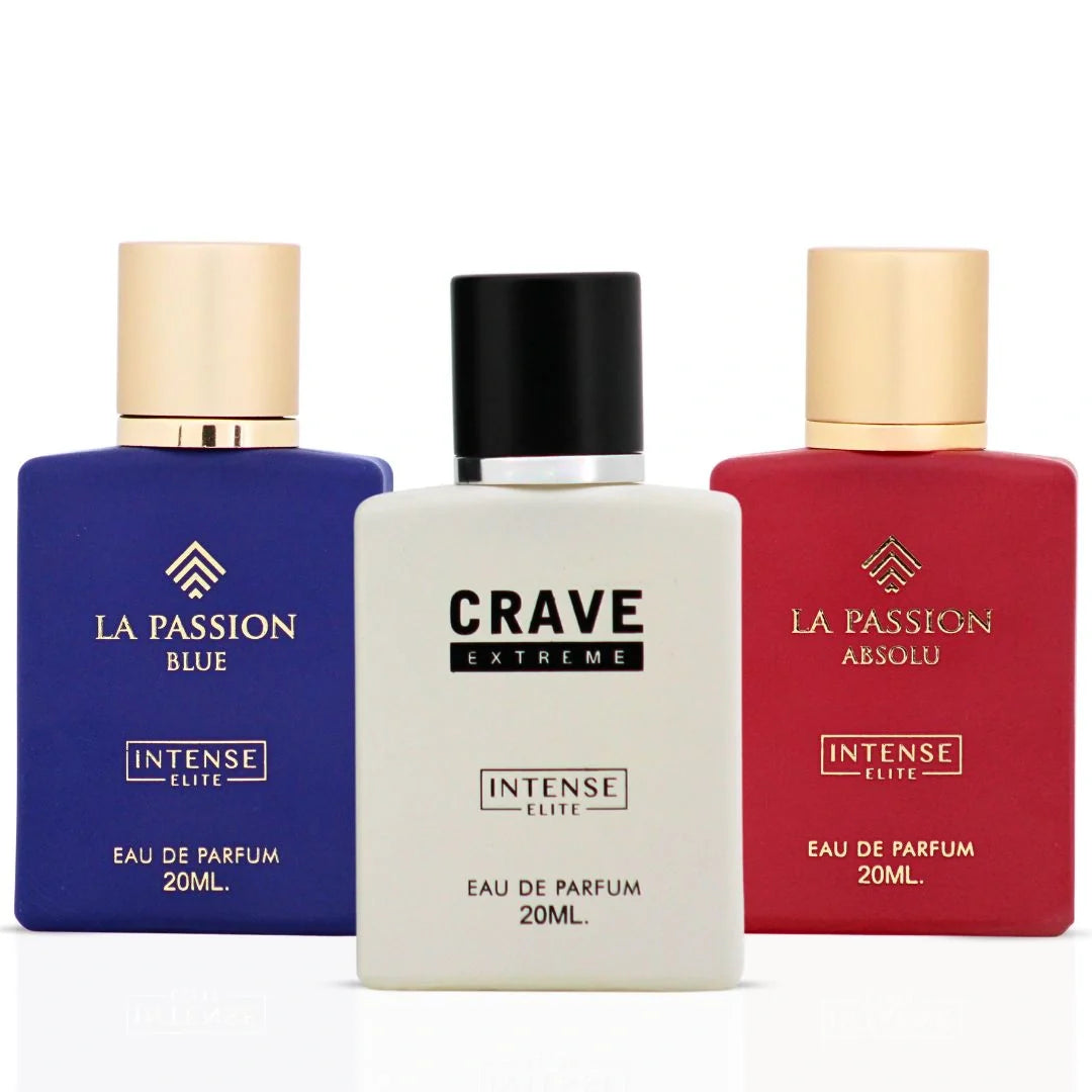La Passion Blue, La Passion Absolu & Crave Extreme Eau de Parfum Sprays 20ml (0.6 oz) by Intense Elite (Bundle)