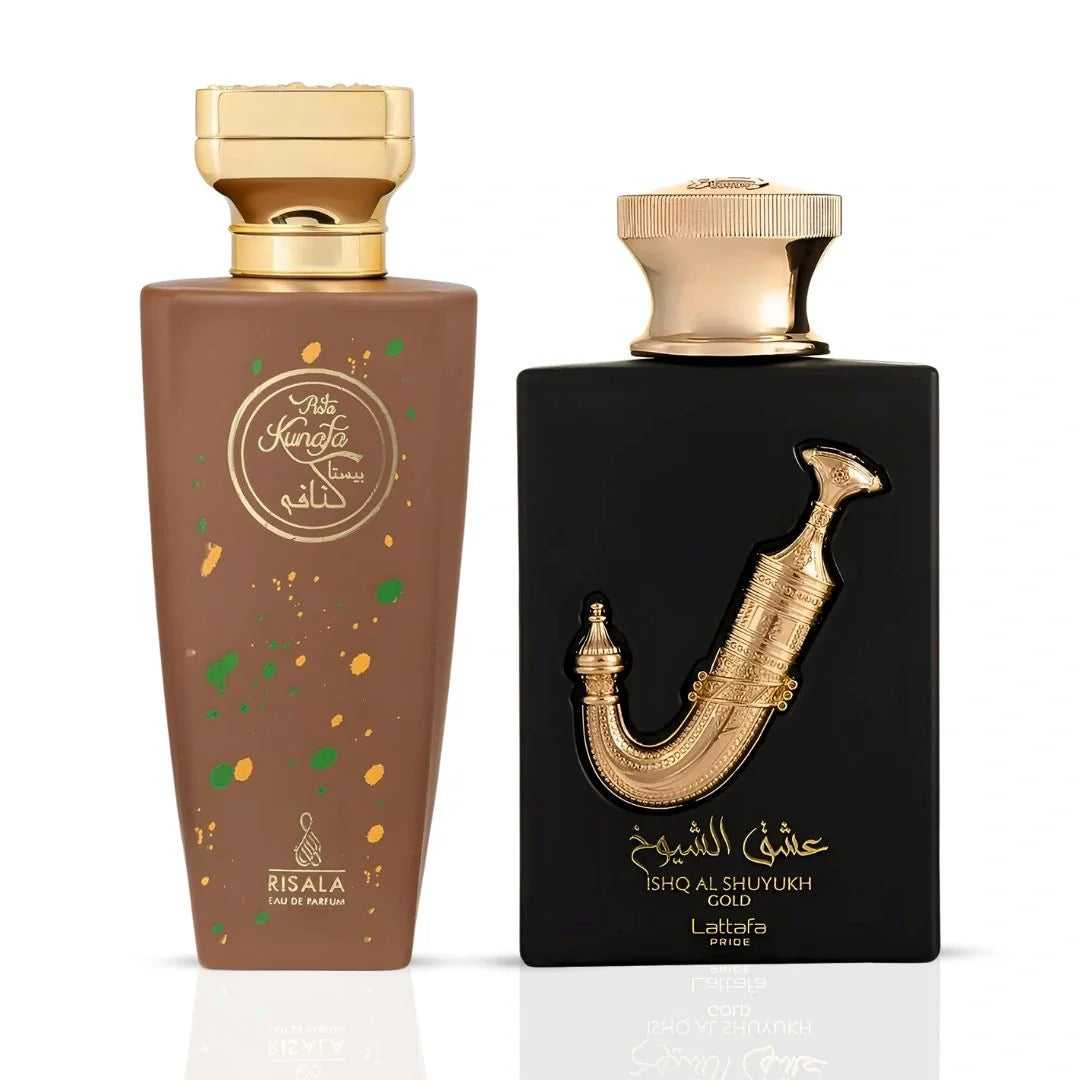 Pista Kunafa by Risala & Ishq Al Shuyukh Gold by Lattafa - Eau de Parfum Sprays 100ml (3.4 oz) (Bundle)