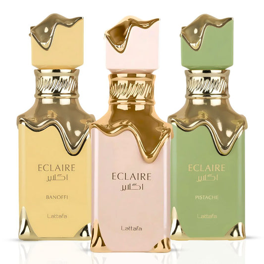 Eclaire, Eclaire Banoffi & Eclaire Pistache Eau de Parfum Sprays 100ml by Lattafa (Bundle)