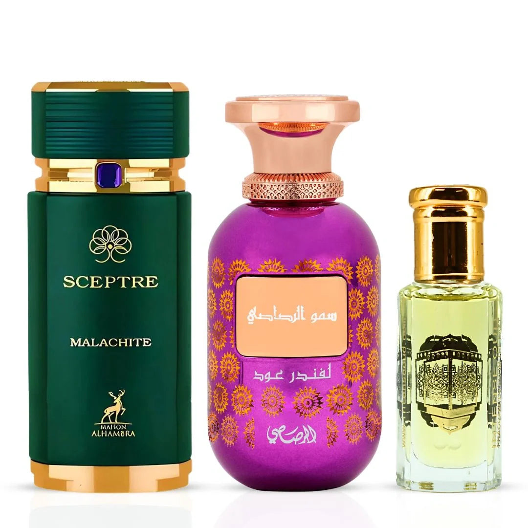 Sceptre Malachite by Maison Alhambra & Somow Al Rasasi Lavender Oud by Rasasi- Eau de Parfum Spray 100ml (3.4 oz) and Rouje Perfume Oil 12ml (0.4 oz) by Intense Oud (Mary's Mango Oud Bundle)