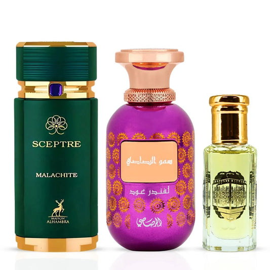 Sceptre Malachite by Maison Alhambra & Somow Al Rasasi Lavender Oud by Rasasi- Eau de Parfum Spray 100ml (3.4 oz) and Rouje Perfume Oil 12ml (0.4 oz) by Intense Oud (Mary's Mango Oud Bundle)