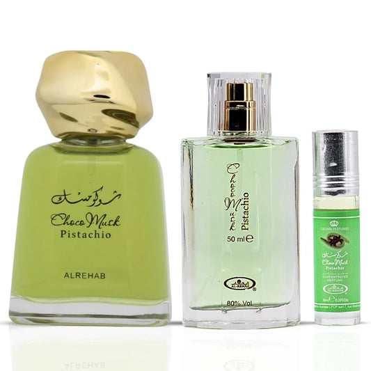 Choco Musk Pistachio Eau de Parfum Sprays 100ml, 50ml & Perfume Oil CPO 6ml by Al Rehab (Bundle)