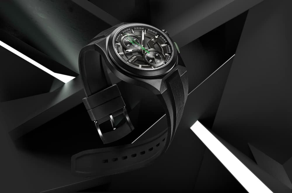Bulova Men's Maquina Sport Black Ion-Plated Stainless Steel Case, 6-Hand Chronograph Quartz Watch with Matte Black Silicone Strap, Sapphire Crystal, Black Strap/ Green Accents