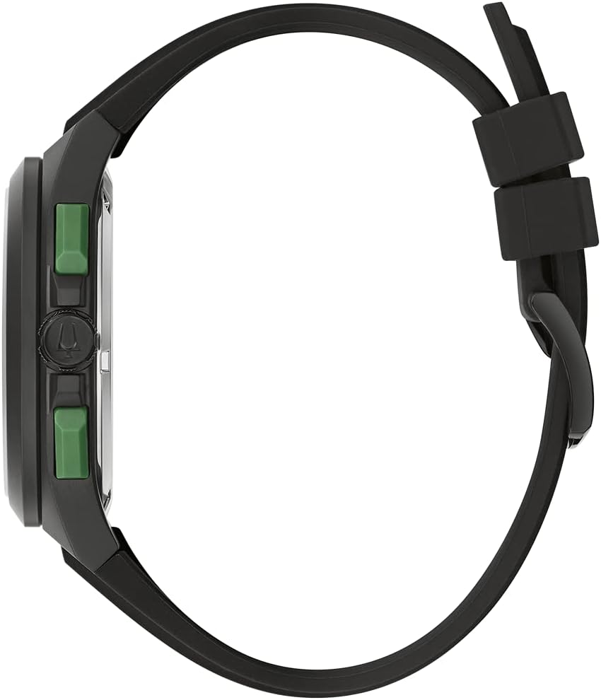 Bulova Men's Maquina Sport Black Ion-Plated Stainless Steel Case, 6-Hand Chronograph Quartz Watch with Matte Black Silicone Strap, Sapphire Crystal, Black Strap/ Green Accents