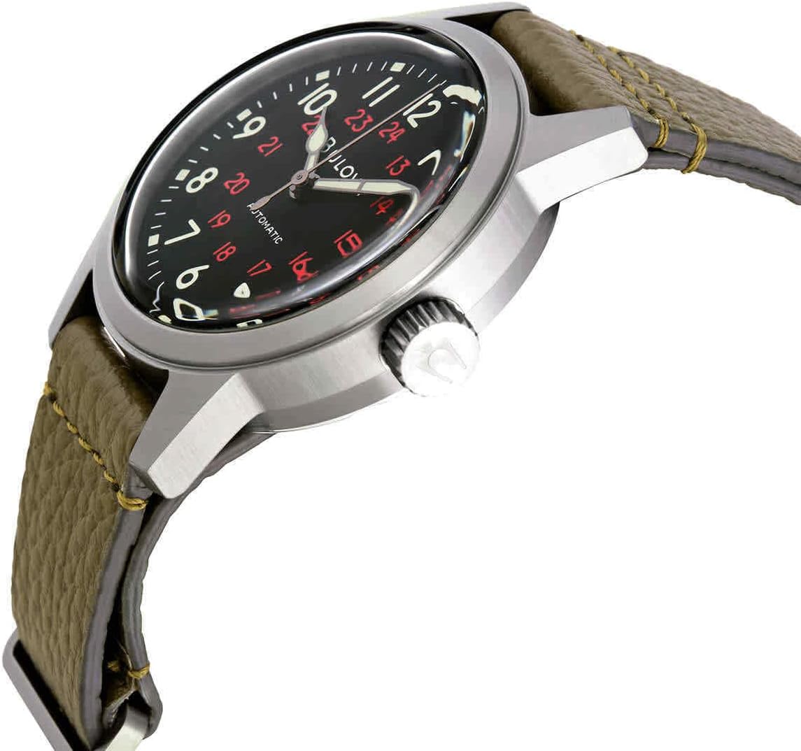 Bulova Men's Military Heritage Hack Stainless Steel 3-Hand Automatic Watch, NATO Leather Strap, Luminous Hands and Markers