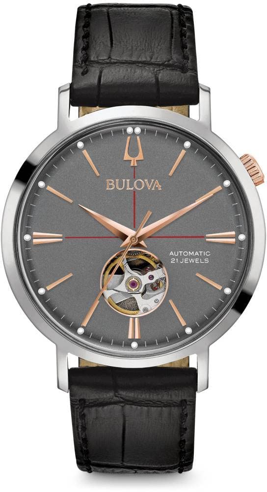 Bulova Men's Classic Aerojet 3-Hand Automatic Leather Strap Watch, Open Aperture, 40-Hour Power Reserve, Double Curved Mineral Crystal, 41mm