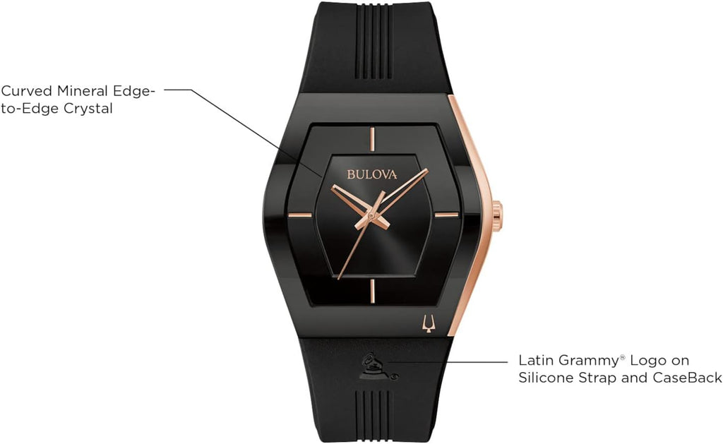 Bulova Latin Grammy Gemini Quartz Rose Gold Stainless Steel Accent with Curved Mineral Crystal and Black Silicone Strap Watch, Mens