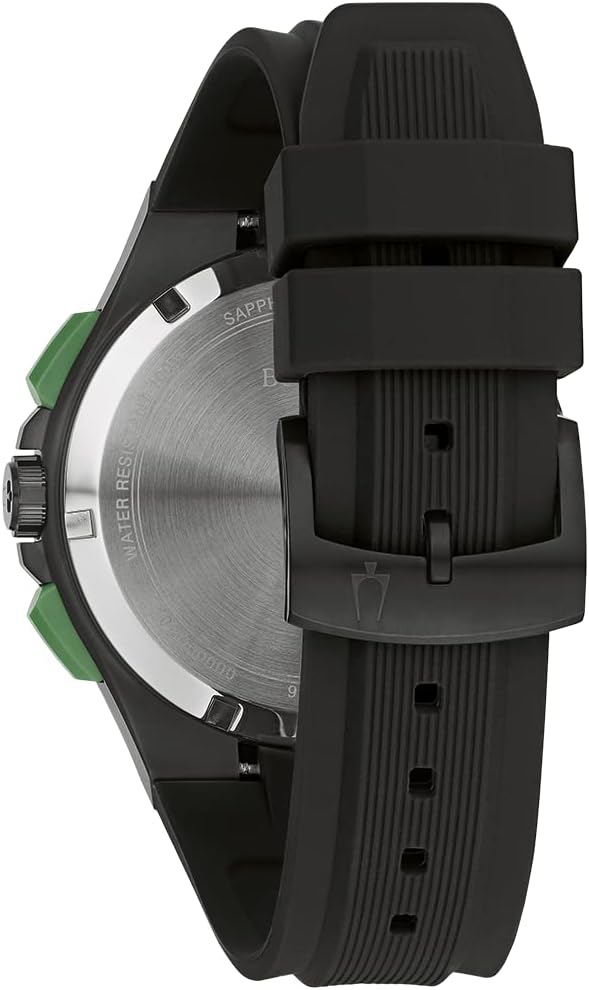 Bulova Men's Maquina Sport Black Ion-Plated Stainless Steel Case, 6-Hand Chronograph Quartz Watch with Matte Black Silicone Strap, Sapphire Crystal, Black Strap/ Green Accents