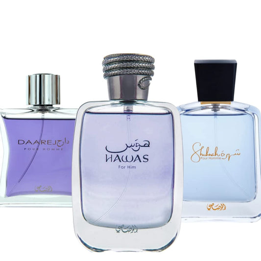 Hawas 100ml, Dareej 100ml, Shuhrah 90ml - Eau de Parfum Sprays by Rasasi