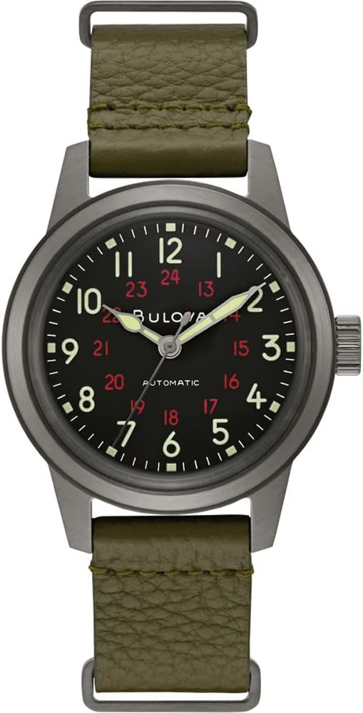 Bulova Men's Military Heritage Hack Stainless Steel 3-Hand Automatic Watch, NATO Leather Strap, Luminous Hands and Markers