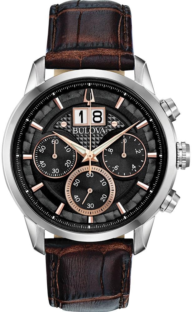 Bulova Men's Classic Sutton 6-Hand Chronograph Calendar Big Date Leather Strap Quartz Watch, Domed Mineral Crystal, 44mm