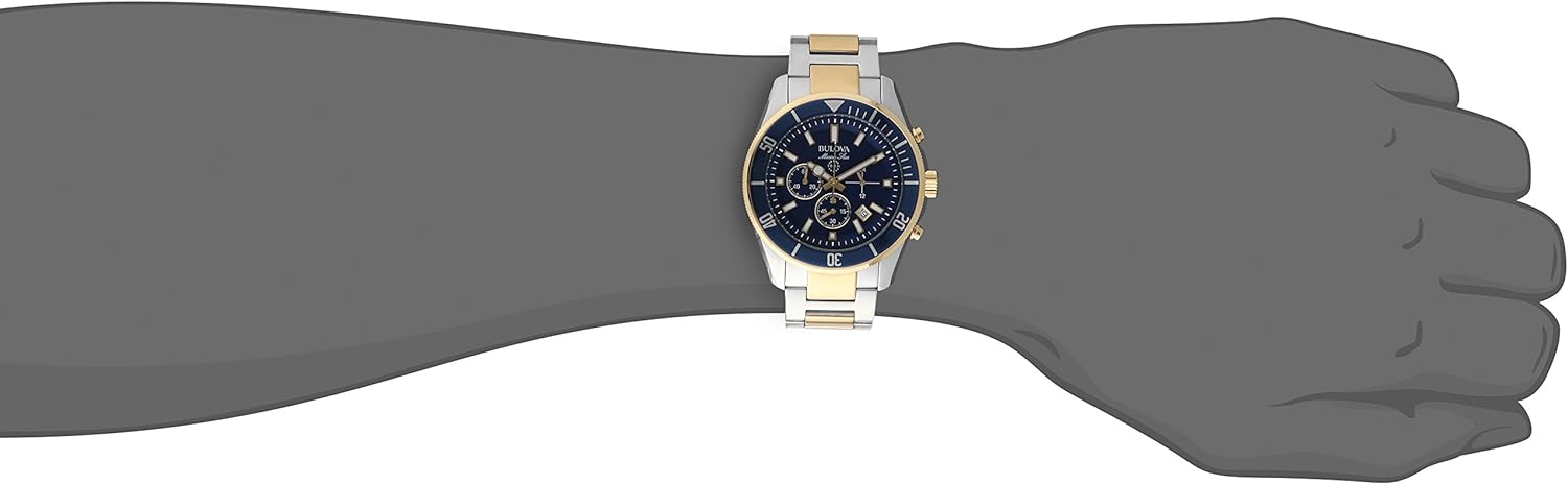 Bulova Men's Marine Star Chronograph Quartz Two Tone Gold Stainless Steel Watch, Blue, Calendar, Luminous, 43mm Style: 98B230