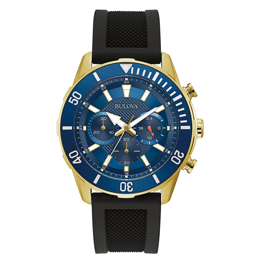 Bulova Men's Sport 6-Hand Chronograph Quartz Watch with Black Silicone Strap, 24 Hour Time, Calendar Date, Luminous Hands and Markers, 100M Water Resistant, 44mm