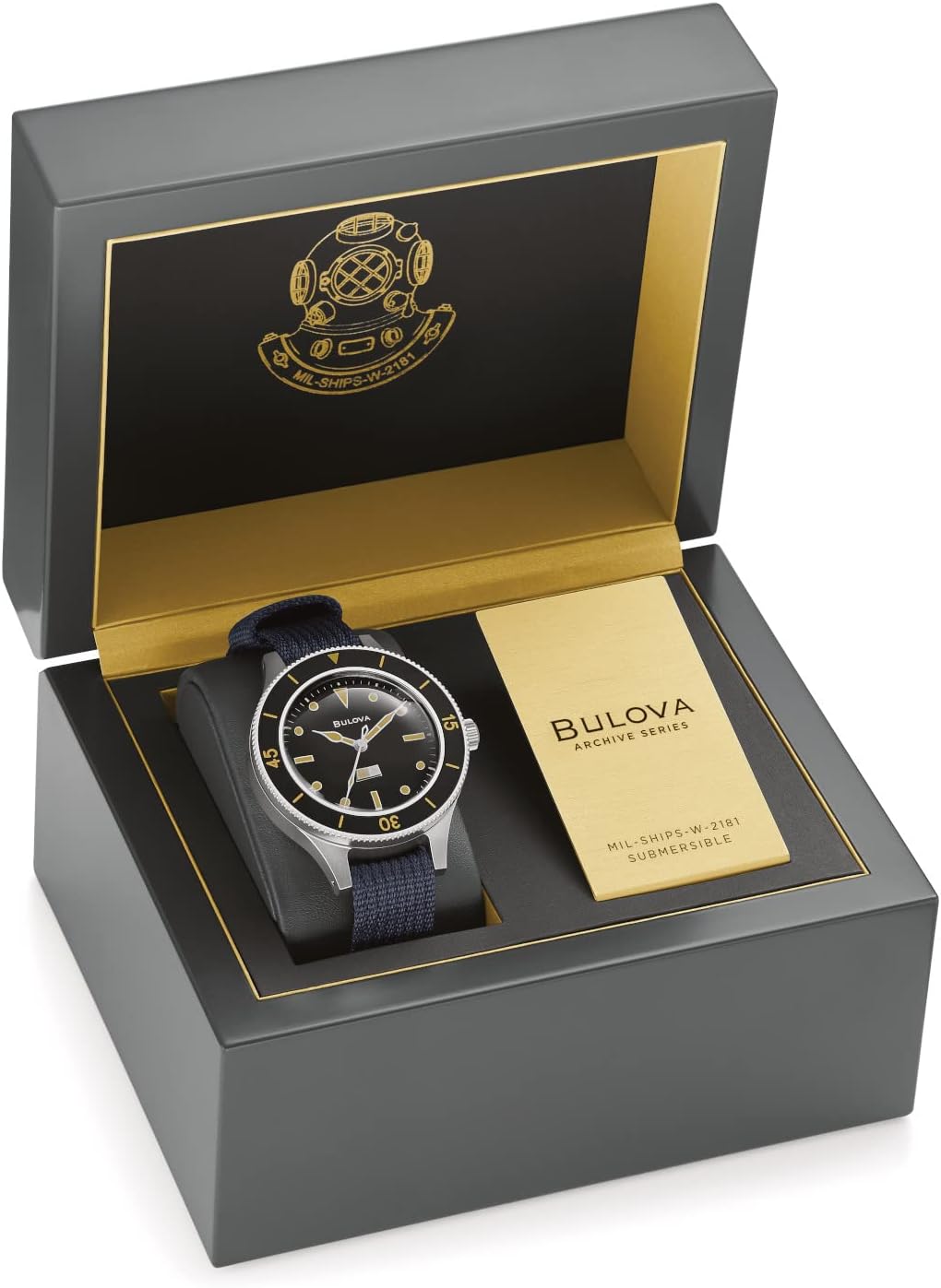 Bulova Men's Archive Series MIL-SHIPS-W-2181 Stainless Steel 3-Hand Hack Automatic Watch, Grey Nylon Strap and Black Matte Dial Style: 98A266
