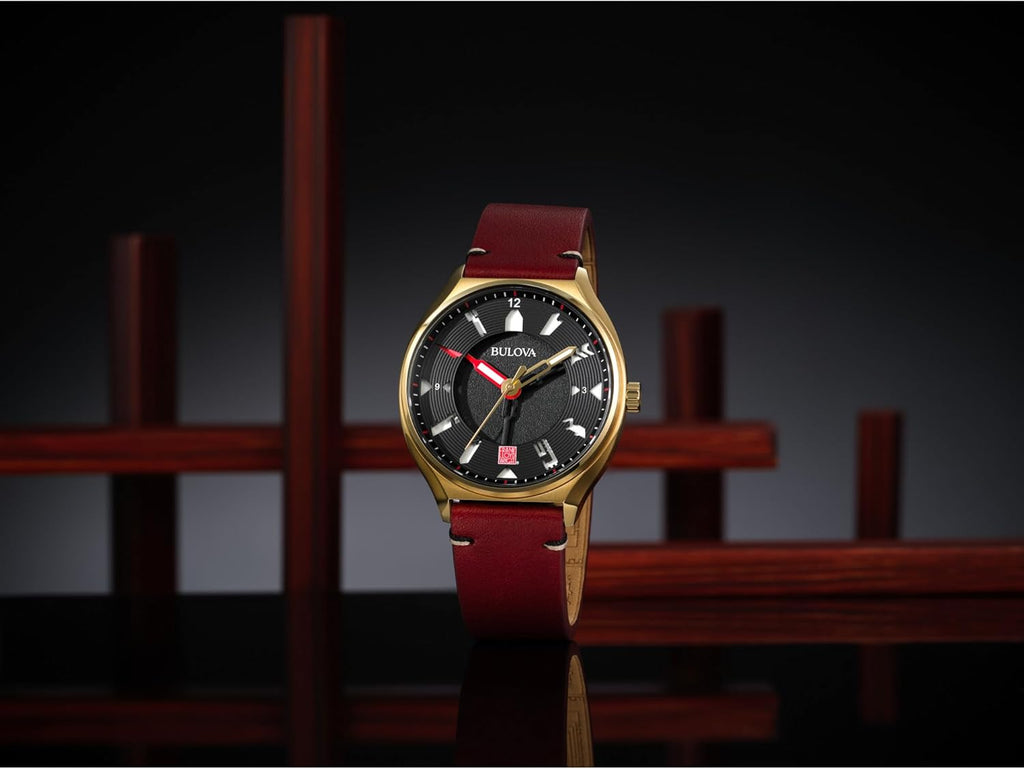 Bulova Men's Frank Lloyd Wright Automatic 'USONIA' Style Gold Stainless Steel Case and Burgundy Leather Strap Watch, 3-Hand Quartz Style:97A192