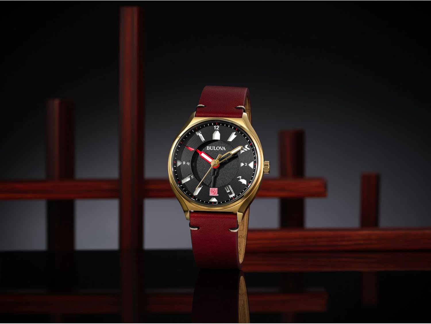 Bulova Men's Frank Lloyd Wright Automatic 'USONIA' Style Gold Stainless Steel Case and Burgundy Leather Strap Watch, 3-Hand Quartz Style:97A192