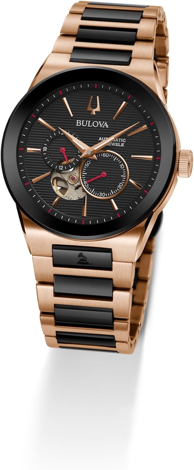 Bulova Latin Grammy Modern Millenia Automatic Two-Tone Stainless Steel Watch,Open Heartbeat Aperture,Exhibition Case Back,Black Dial, (Model:98A236)