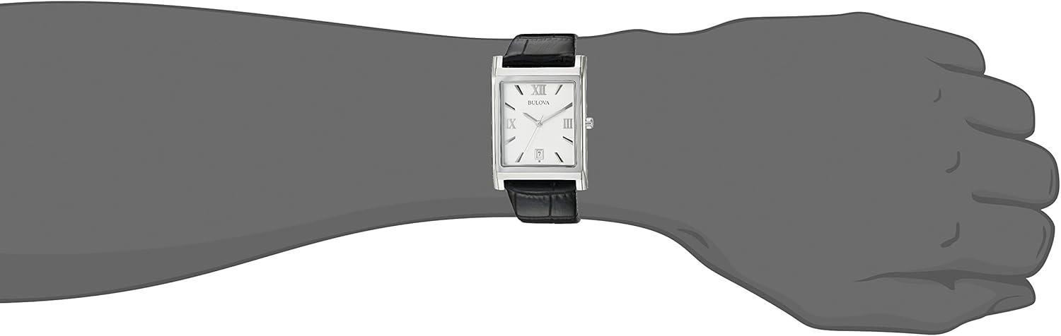 Bulova Men's Stainless Steel 3-Hand Calendar Date Quartz Watch with Black Leather Strap, Rectangle Dial Style: 96B107