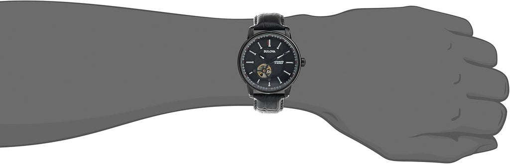 Bulova Men's Classic 3-Hand Automatic Leather Strap Watch, 21-Jewels, Hack Feature, Luminous Hands and Markers,Open Aperture and Exhibition Case Back