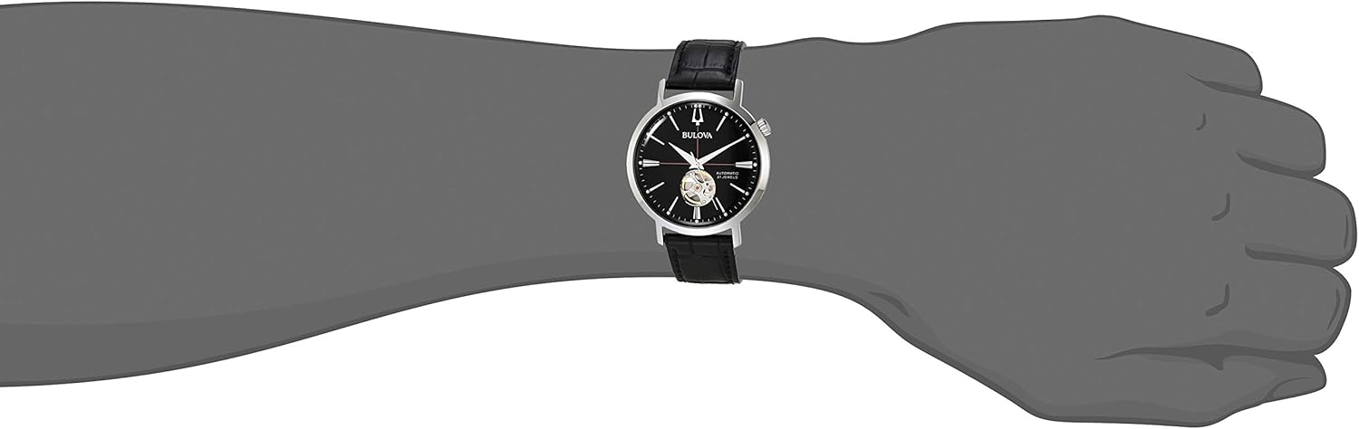 Bulova Men's Classic Aerojet 3-Hand Automatic Leather Strap Watch, Open Aperture, 40-Hour Power Reserve, Double Curved Mineral Crystal, 41mm