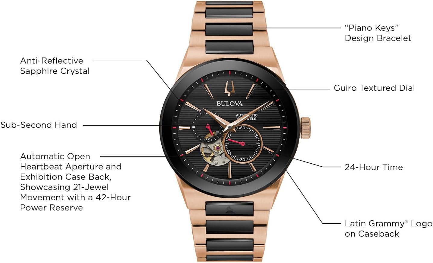 Bulova Latin Grammy Modern Millenia Automatic Two-Tone Stainless Steel Watch,Open Heartbeat Aperture,Exhibition Case Back,Black Dial, (Model:98A236)
