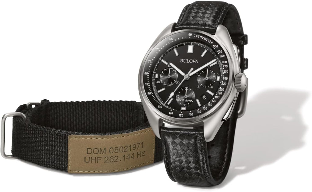 Bulova Men's Archive Series Lunar Pilot 6-Hand Chronograph High Performance Quartz Stainless Steel and Black Nylon Strap Watch Set, Sapphire Crystal Style: 96B251