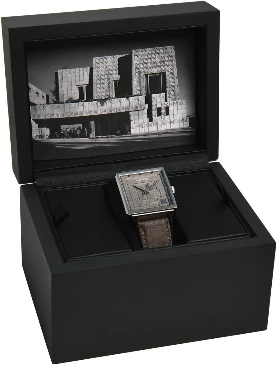 Bulova Men's Frank Lloyd Wright Limited Edition 'Ennis House' Silver Stainless Steel Watch, Grey Leather Strap Watch, Textured Medallion Grey Pattern Dial, 3 Hand (Model: 96A314)