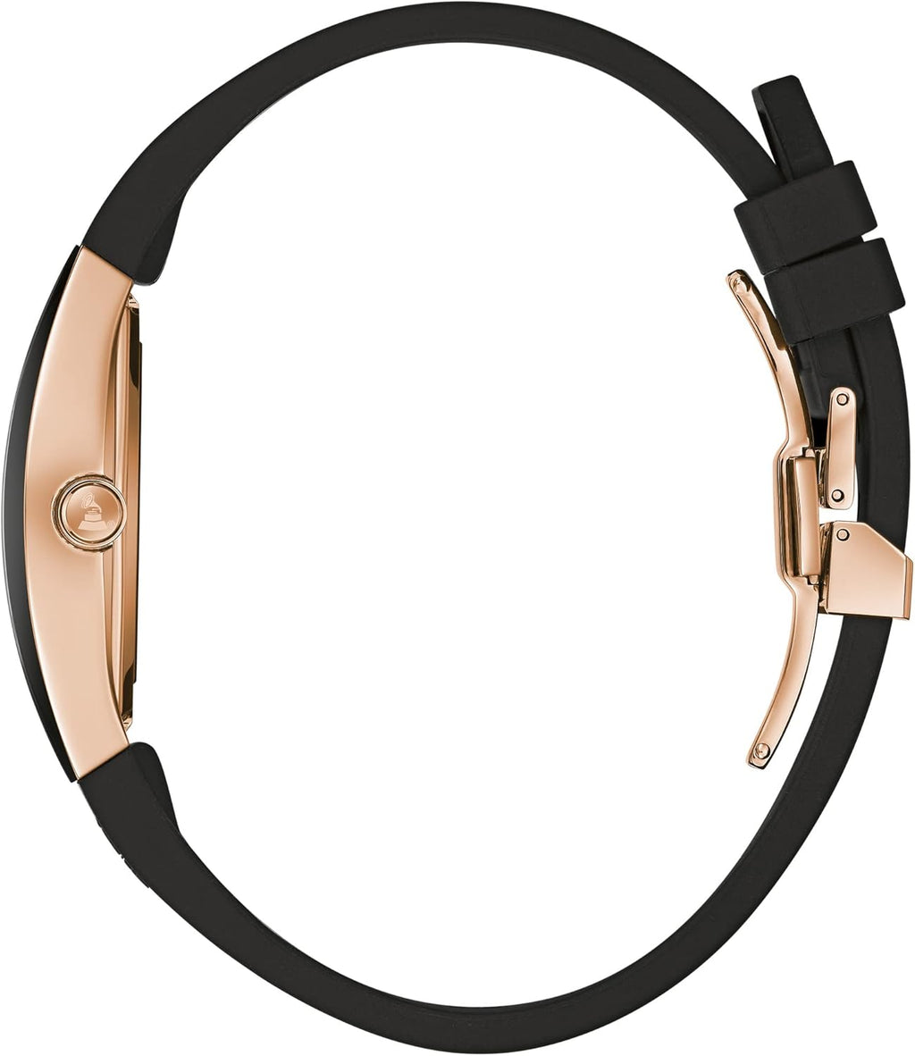 Bulova Latin Grammy Gemini Quartz Rose Gold Stainless Steel Accent with Curved Mineral Crystal and Black Silicone Strap Watch, Mens