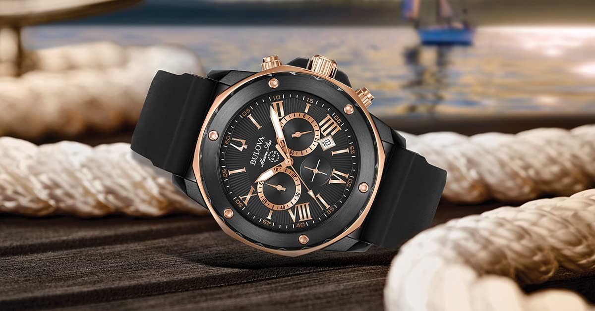 Bulova Men's Marine Star Series A Black and Gold Ion-Plated Stainless Steel 6-Hand Chronograph Quartz Watch, Black Silicone Strap Style: 98B307