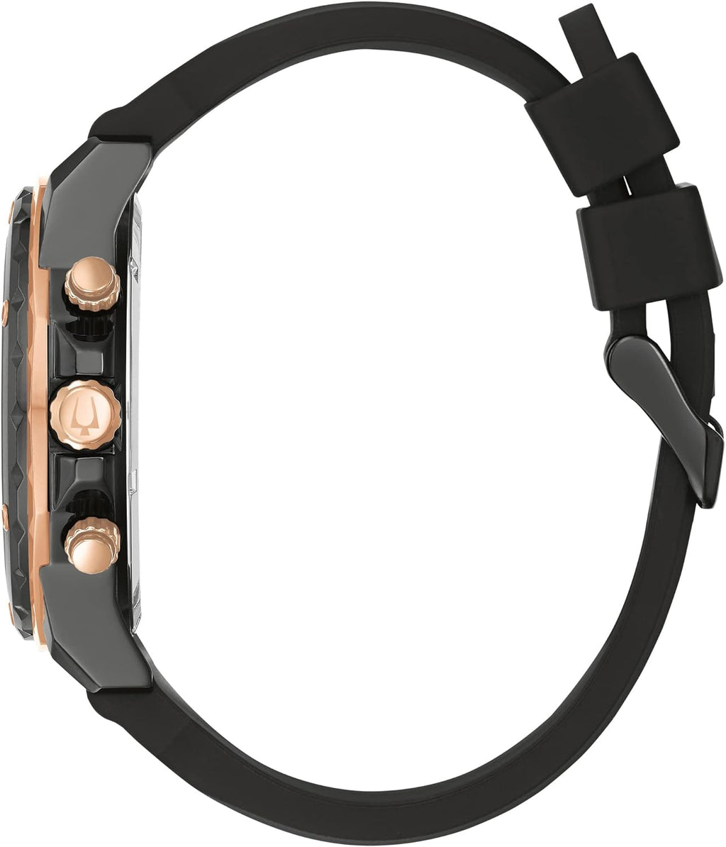 Bulova Men's Marine Star Series A Black and Gold Ion-Plated Stainless Steel 6-Hand Chronograph Quartz Watch, Black Silicone Strap Style: 98B307