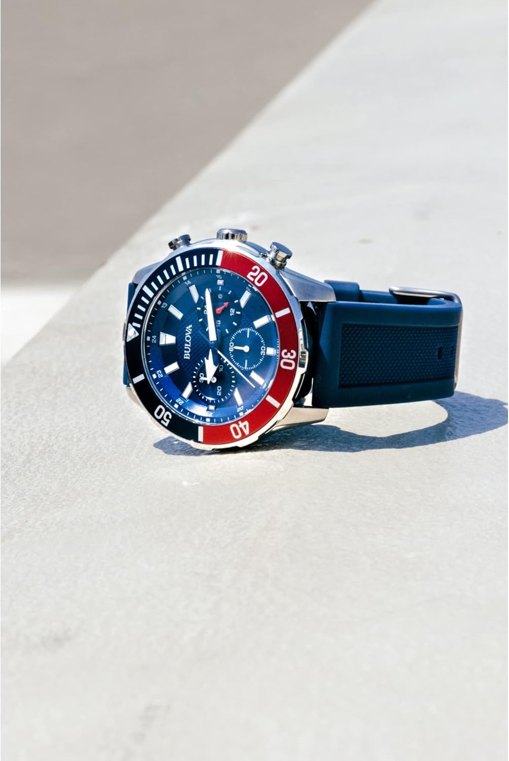 Bulova Men's Sport 6-Hand Chronograph Quartz Watch with Silicone Strap, 24 Hour Time, Calendar Date, Luminous Hands and Markers, 100M Water Resistant, 44mm Style: 98A288
