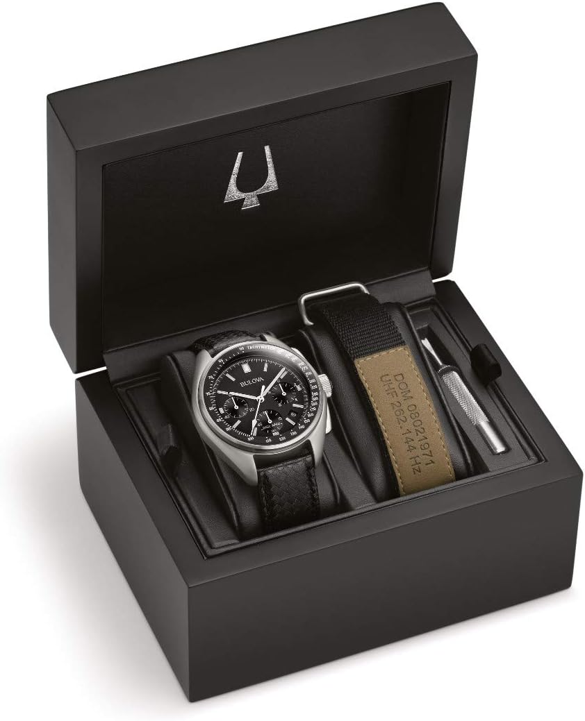 Bulova Men's Archive Series Lunar Pilot 6-Hand Chronograph High Performance Quartz Stainless Steel and Black Nylon Strap Watch Set, Sapphire Crystal Style: 96B251
